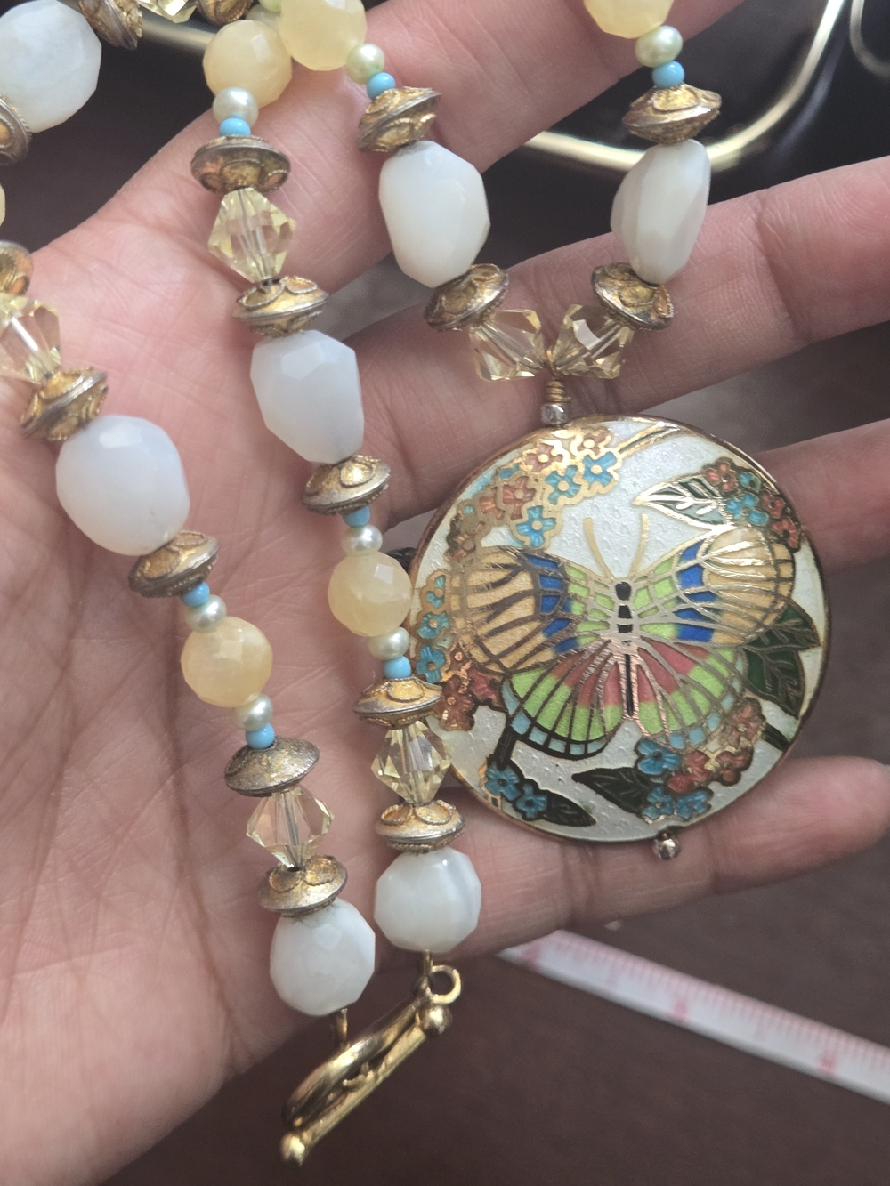 Vintage Cloisonné Butterfly Motif Pendant Necklace, Cloisonne And Stone Beads - Picture 13 of 13